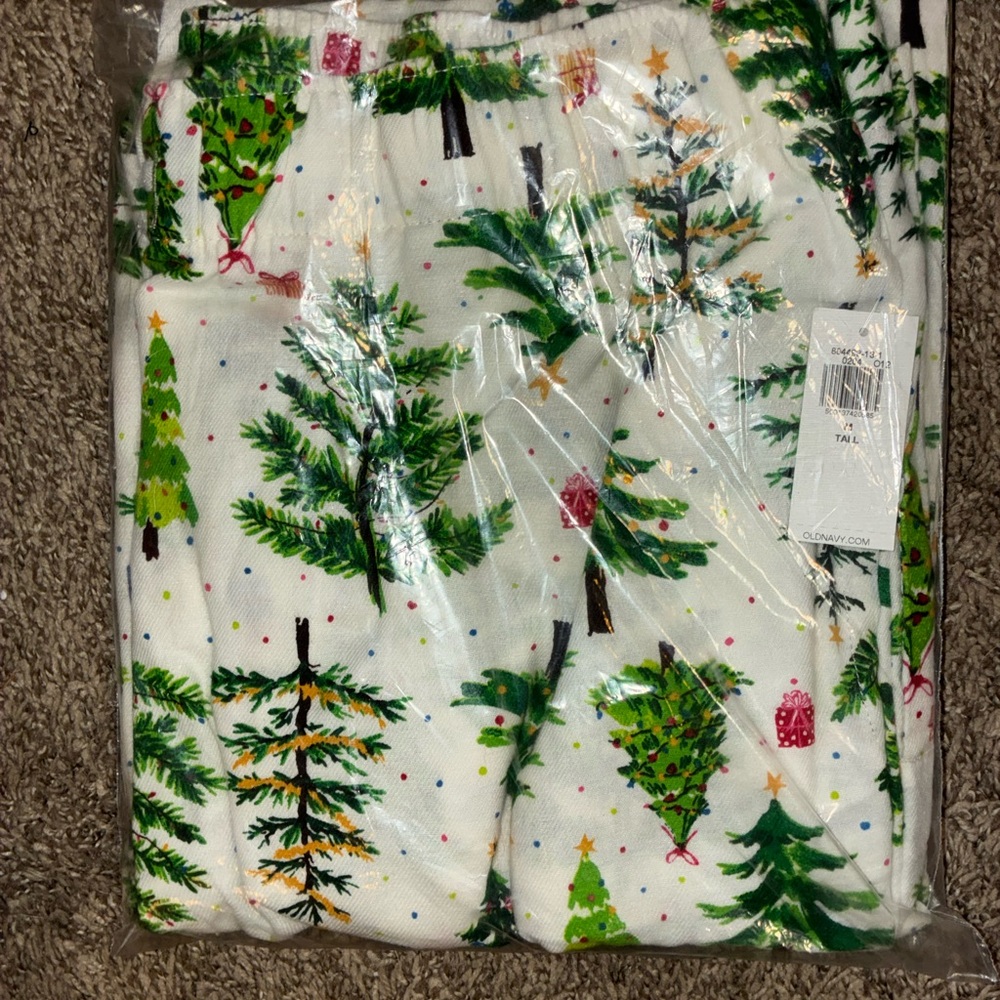 Old Navy White Pajama Pants with Green Tree Pattern